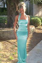 Elarin | Aqua- Halter Satin Mermaid Open Back Long Formal Prom Dresses - KissProm