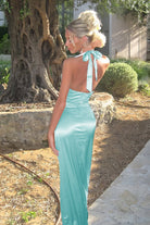 Elarin | Aqua- Halter Satin Mermaid Open Back Long Formal Prom Dresses - KissProm