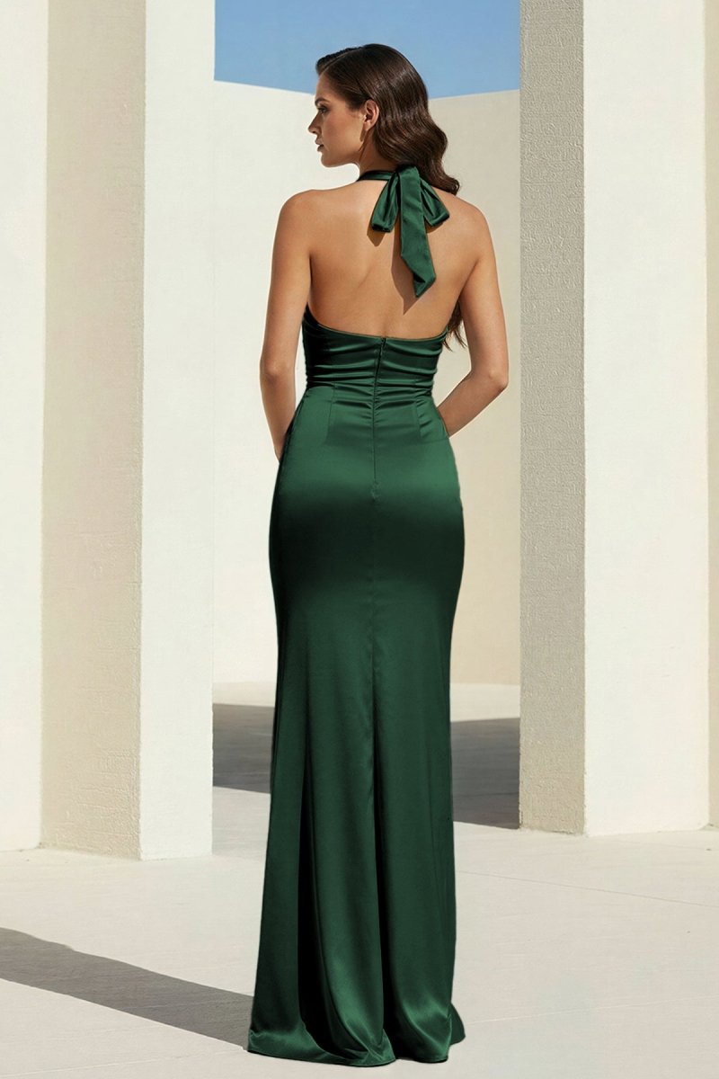 Elarin | Dark Green - Halter Satin Mermaid Open Back Long Formal Prom Dresses - KissProm