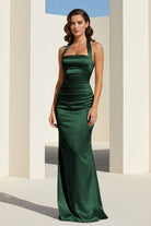 Elarin | Dark Green - Halter Satin Mermaid Open Back Long Formal Prom Dresses - KissProm