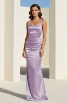 Elarin | Lavender - Halter Satin Mermaid Open Back Long Formal Prom Dresses - KissProm