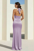 Elarin | Lavender - Halter Satin Mermaid Open Back Long Formal Prom Dresses - KissProm