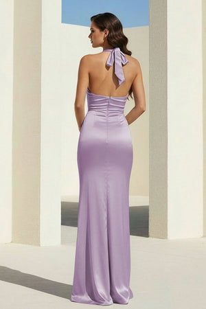 Elarin | Lavender - Halter Satin Mermaid Open Back Long Formal Prom Dresses - KissProm