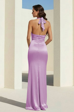 Elarin | Lilac - Halter Satin Mermaid Open Back Long Formal Prom Dresses - KissProm