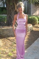 Elarin | Lilac - Halter Satin Mermaid Open Back Long Formal Prom Dresses - KissProm