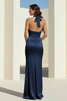Elarin | Navy Blue - Halter Satin Mermaid Open Back Long Formal Prom Dresses - KissProm