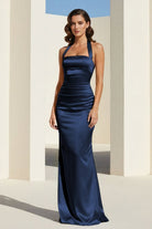 Elarin | Navy Blue - Halter Satin Mermaid Open Back Long Formal Prom Dresses - KissProm