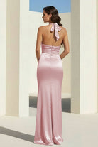 Elarin | Pink - Halter Satin Mermaid Open Back Long Formal Prom Dresses - KissProm