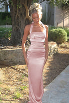 Elarin | Pink - Halter Satin Mermaid Open Back Long Formal Prom Dresses - KissProm