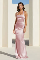 Elarin | Pink - Halter Satin Mermaid Open Back Long Formal Prom Dresses - KissProm