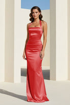 Elarin | Red - Halter Satin Mermaid Open Back Long Formal Prom Dresses - KissProm