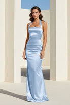 Elarin | Blue - Halter Satin Mermaid Open Back Long Formal Prom Dresses - KissProm