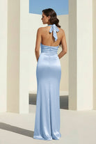 Elarin | Blue - Halter Satin Mermaid Open Back Long Formal Prom Dresses - KissProm