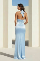 Elarin | Sky Blue - Halter Satin Mermaid Open Back Long Formal Prom Dresses - KissProm