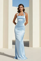 Elarin | Sky Blue - Halter Satin Mermaid Open Back Long Formal Prom Dresses - KissProm
