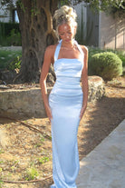 Elarin | Sky Blue - Halter Satin Mermaid Open Back Long Formal Prom Dresses - KissProm