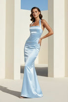 Elarin | Sky Blue - Halter Satin Mermaid Open Back Long Formal Prom Dresses - KissProm