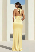 Elarin | Yellow - Halter Satin Mermaid Open Back Long Formal Prom Dresses - KissProm