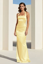 Elarin | Yellow - Halter Satin Mermaid Open Back Long Formal Prom Dresses - KissProm