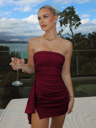 Eldona | Burgundy - Strapless Spandex Bodycon Homecoming Dress With Slit
