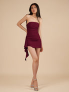 Eldona | Burgundy - Strapless Spandex Bodycon Homecoming Dress With Slit