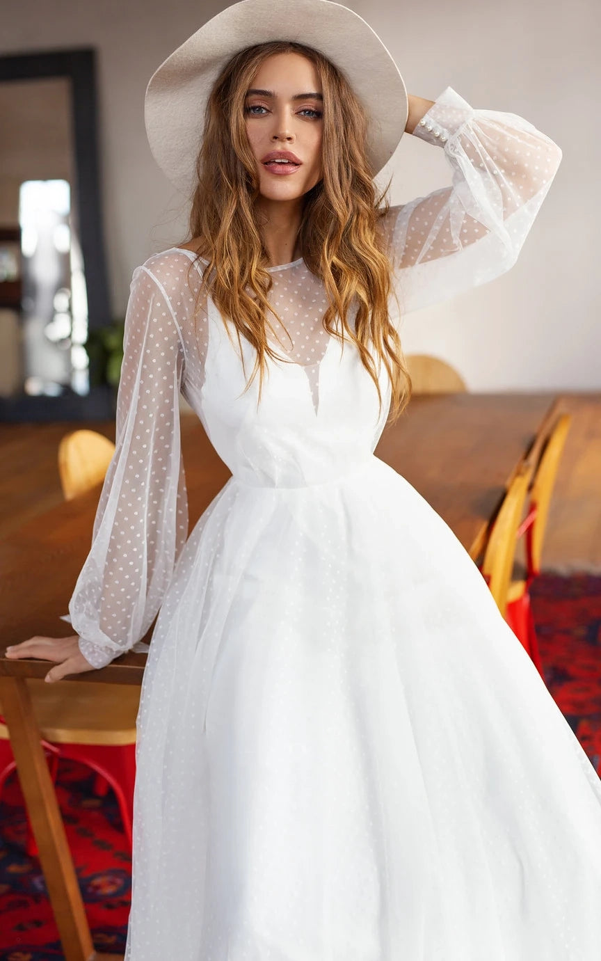 Elegant A Line Chiffon Bateau Long Sleeve Wedding Dress with Beading