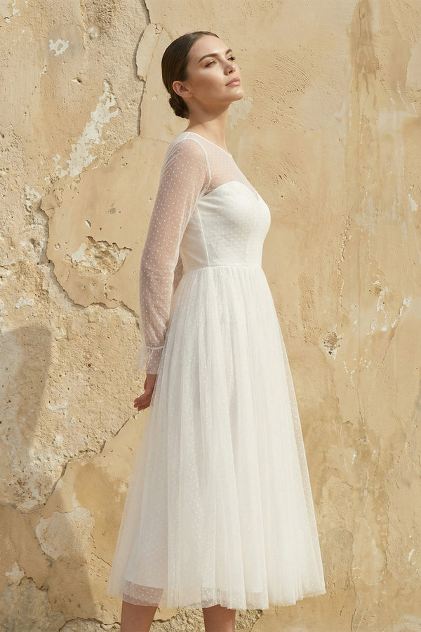 Zelina | Elegant A-Line Long Sleeve Tea Length Wedding Dresses