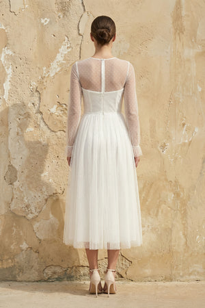 Elegant A-Line Long Sleeve Tea Length Wedding Dresses, Diamond White / 0