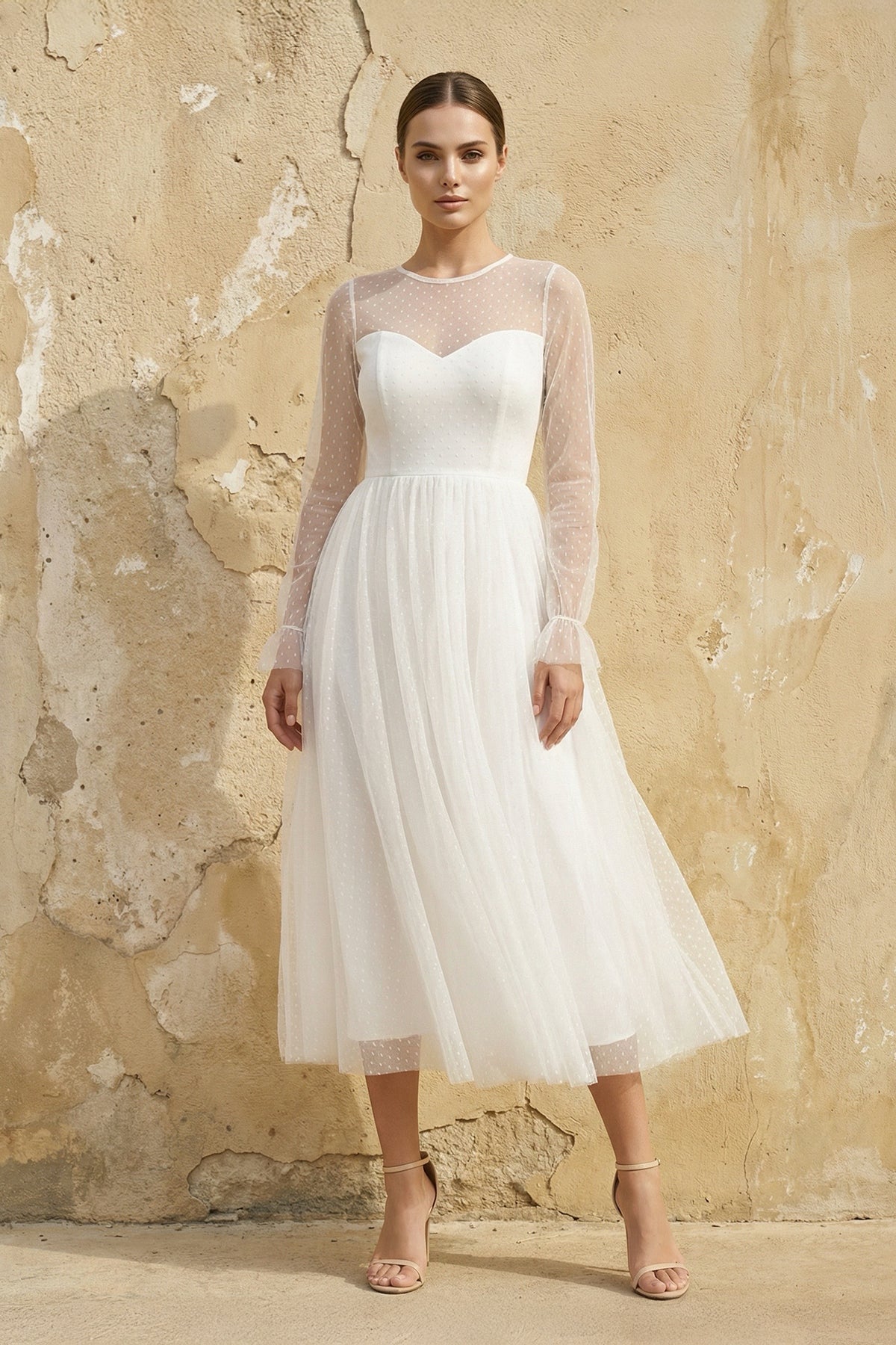 Elegant A-Line Long Sleeve Tea Length Wedding Dresses