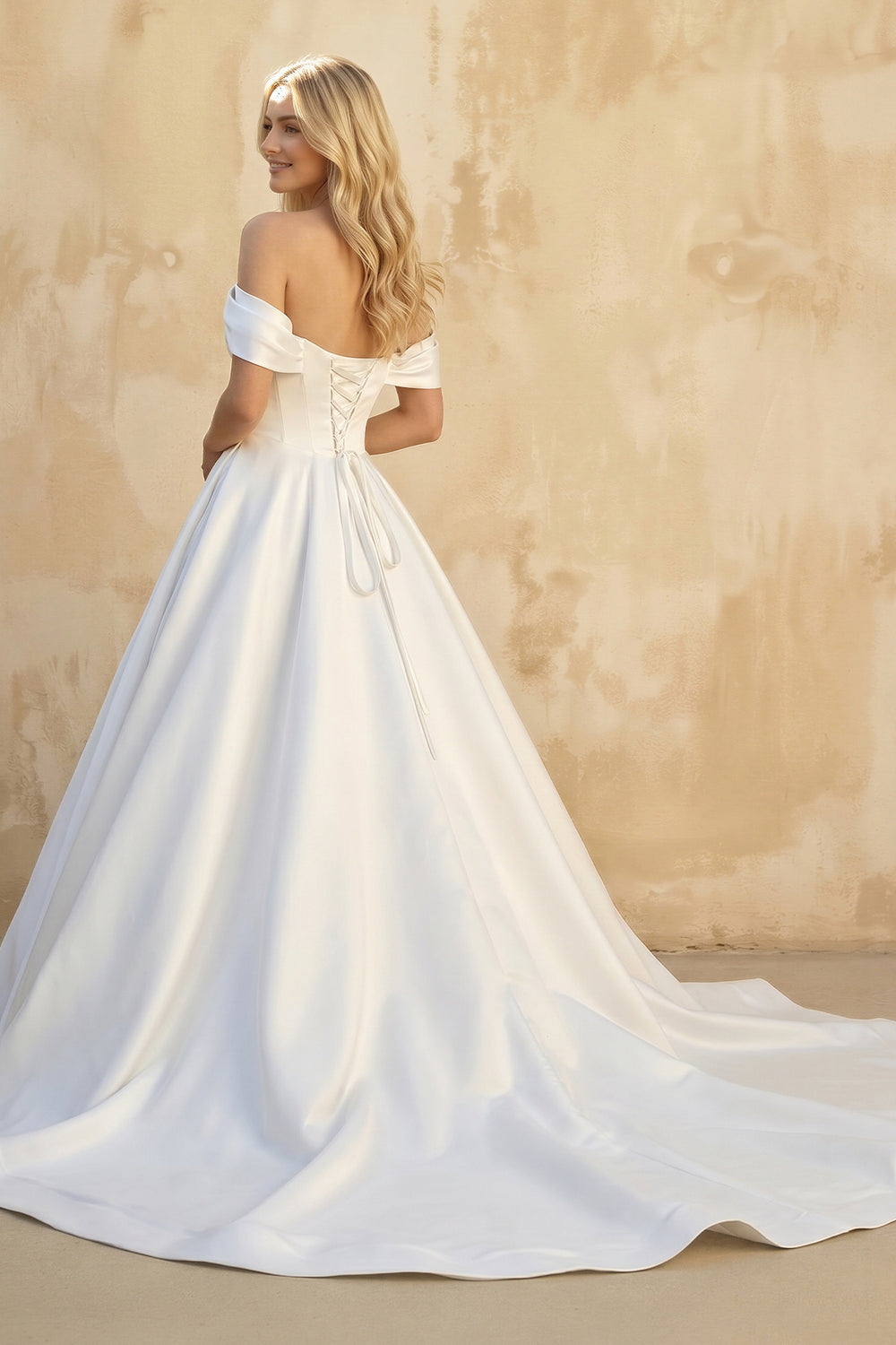 Elly | Elegant A - Line Off the Shoulder White Satin Wedding Dresses – Wedding Dresses by KissProm | Available at KissProm