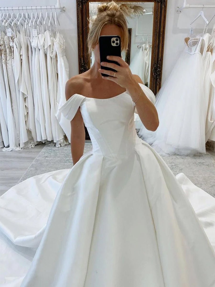 Elly | Elegant A - Line Off the Shoulder White Satin Wedding Dresses - KissProm