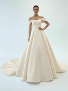 Elly | Elegant A - Line Off the Shoulder White Satin Wedding Dresses - KissProm