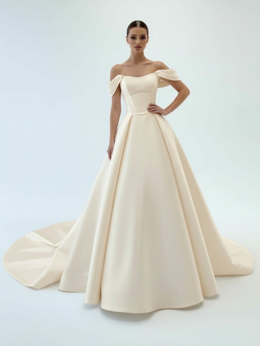 Elly | Elegant A - Line Off the Shoulder White Satin Wedding Dresses - KissProm