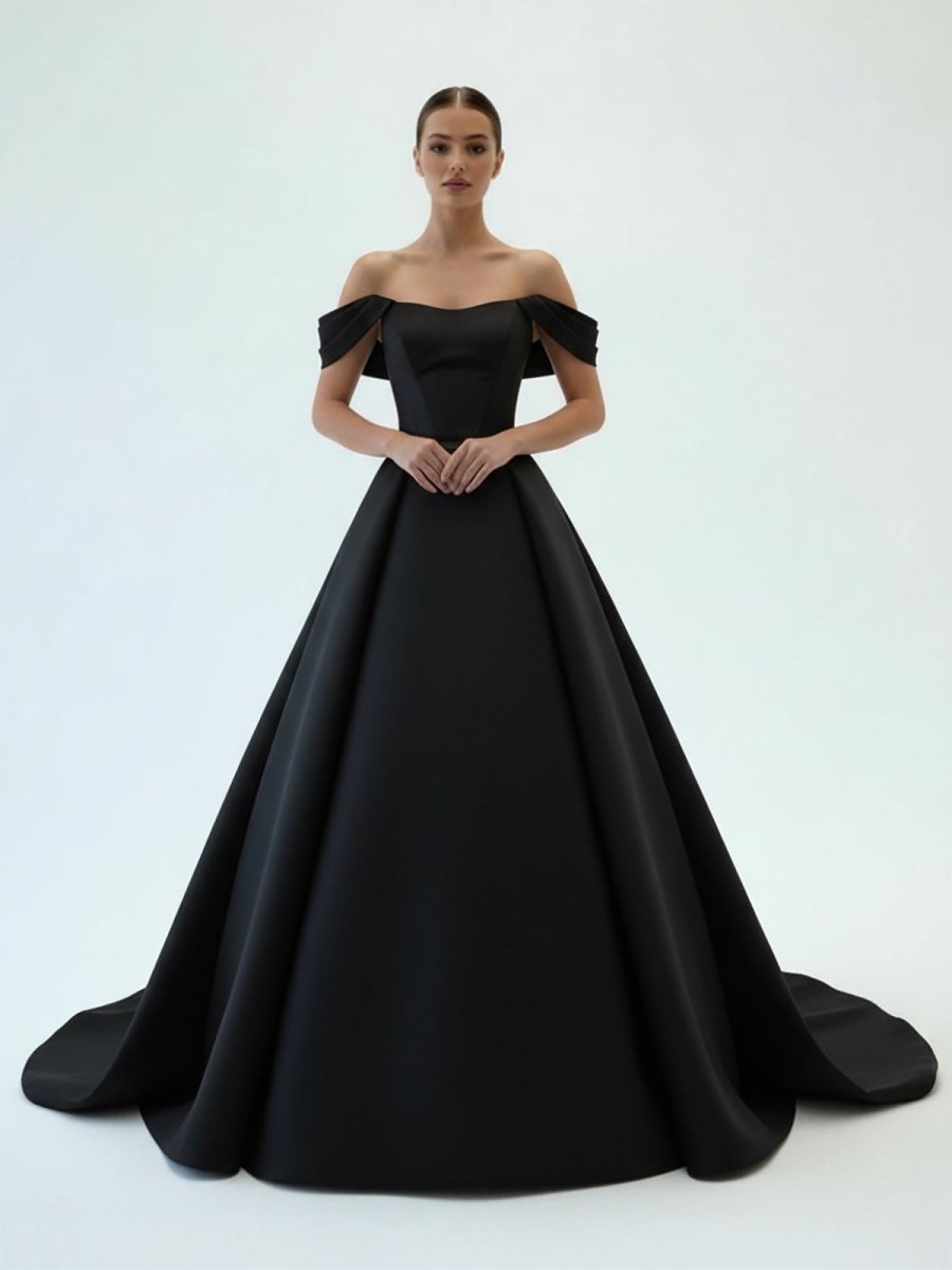 Elly | Elegant A - Line Off the Shoulder White Satin Wedding Dresses - KissProm