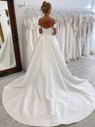 Elly | Elegant A - Line Off the Shoulder White Satin Wedding Dresses - KissProm