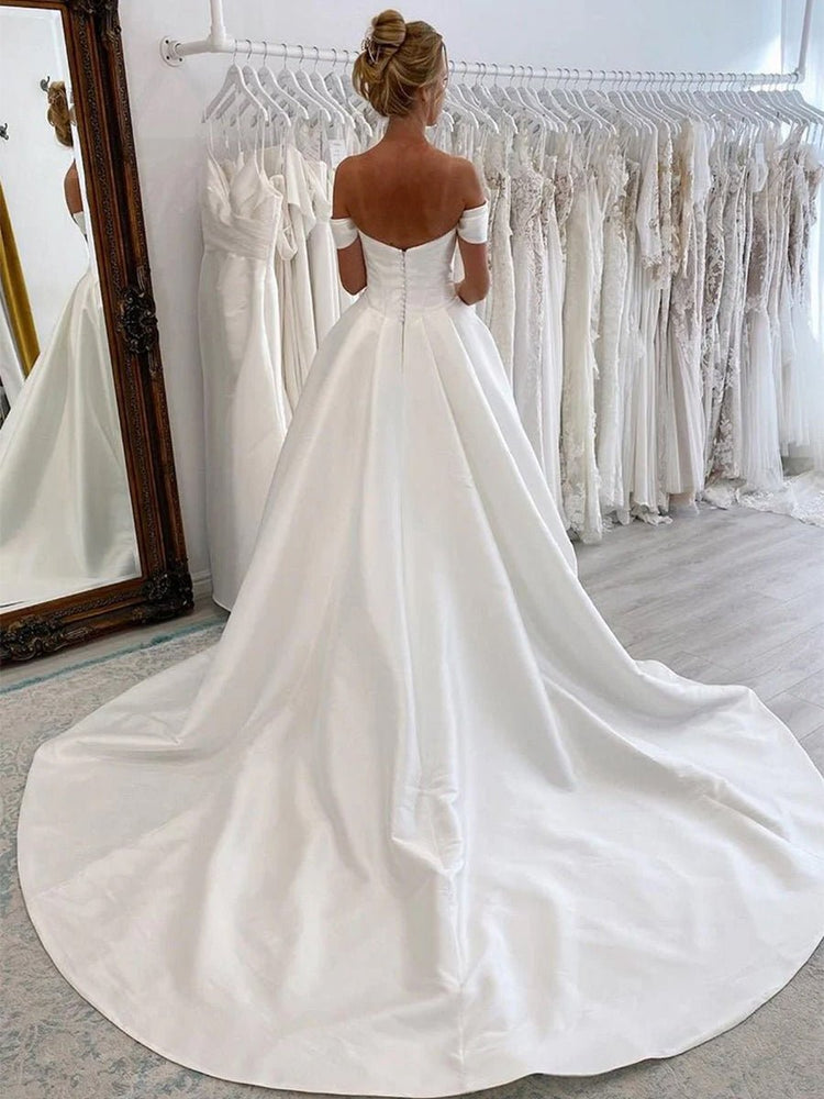 Elegant A-Line Off the Shoulder White Satin Wedding Dresses VK23121305