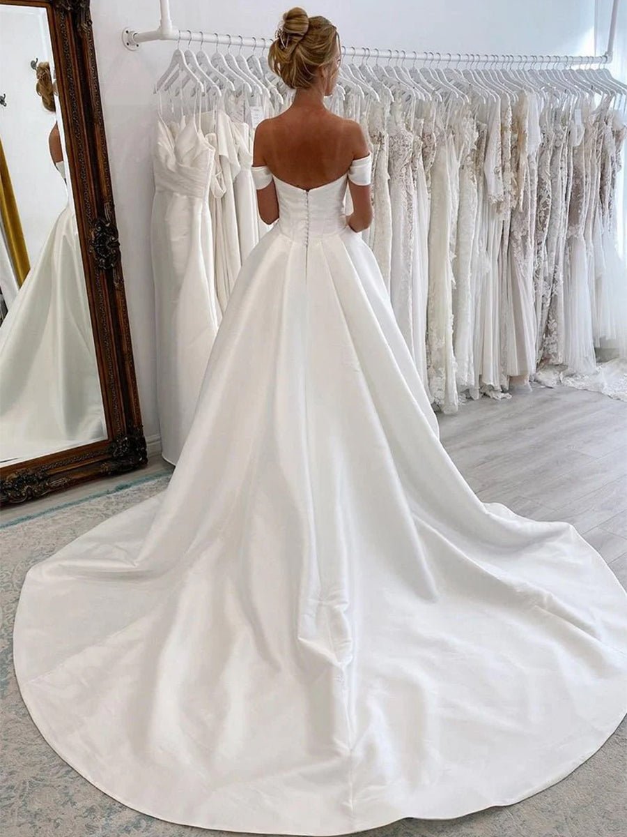 Elly | Elegant A - Line Off the Shoulder White Satin Wedding Dresses - KissProm