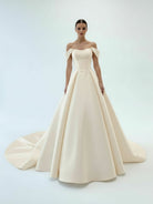 Elly | Elegant A - Line Off the Shoulder White Satin Wedding Dresses - KissProm
