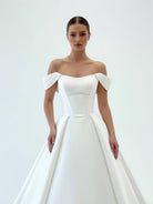 Elly | Elegant A - Line Off the Shoulder White Satin Wedding Dresses - KissProm