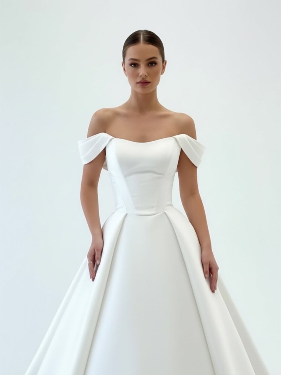 Elly | Elegant A - Line Off the Shoulder White Satin Wedding Dresses - KissProm