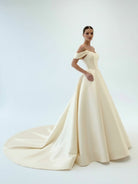 Elly | Elegant A - Line Off the Shoulder White Satin Wedding Dresses - KissProm