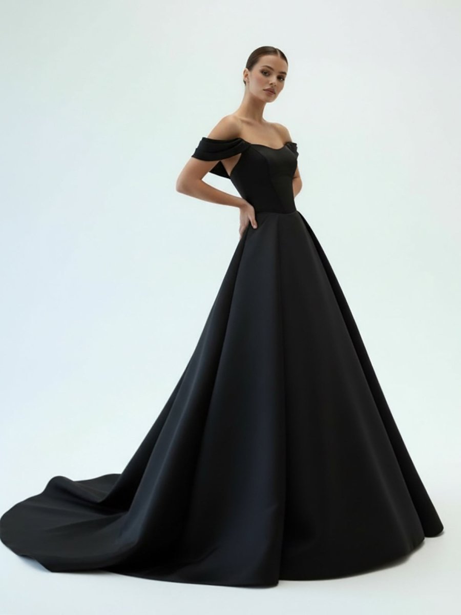 Elly | Elegant A - Line Off the Shoulder White Satin Wedding Dresses - KissProm