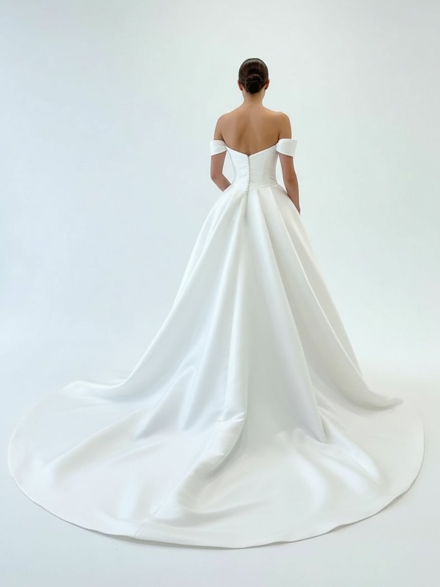 Elly | Elegant A - Line Off the Shoulder White Satin Wedding Dresses - KissProm