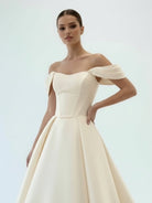 Elly | Elegant A - Line Off the Shoulder White Satin Wedding Dresses - KissProm