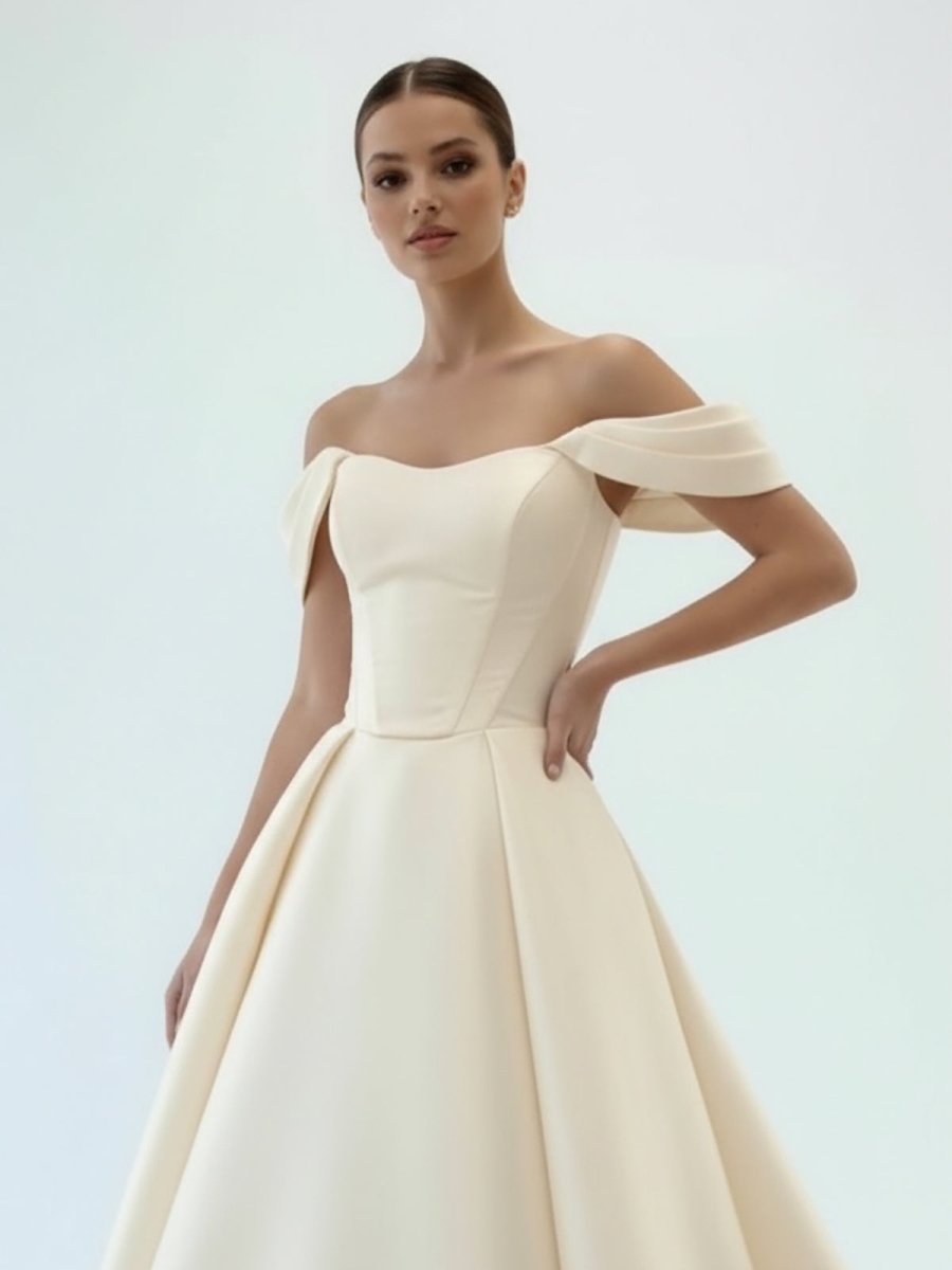 Elly | Elegant A - Line Off the Shoulder White Satin Wedding Dresses - KissProm