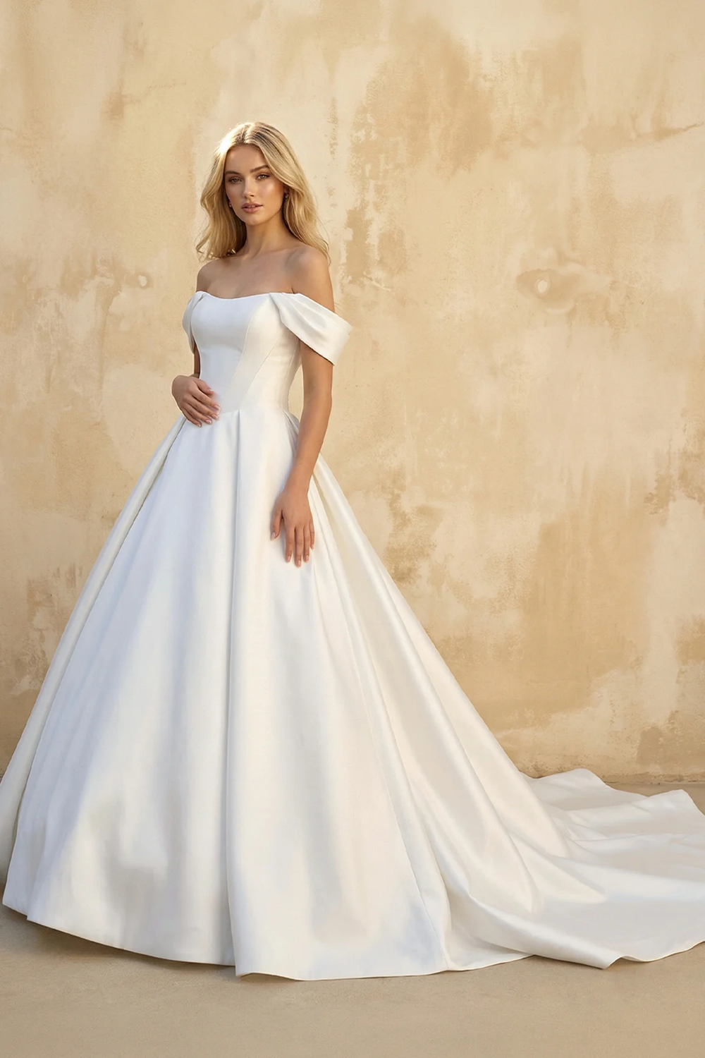 KissProm Elegant Gown Off the Shoulder White Satin Wedding Dresses, Diamond White / Custom Size