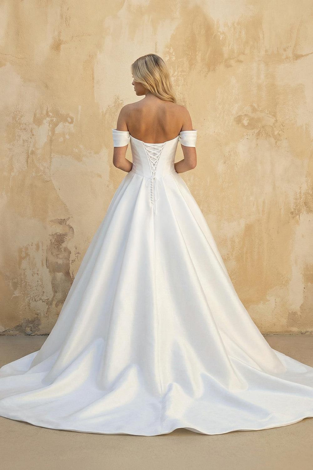 Elly | Elegant A - Line Off the Shoulder White Satin Wedding Dresses – Wedding Dresses by KissProm | Available at KissProm