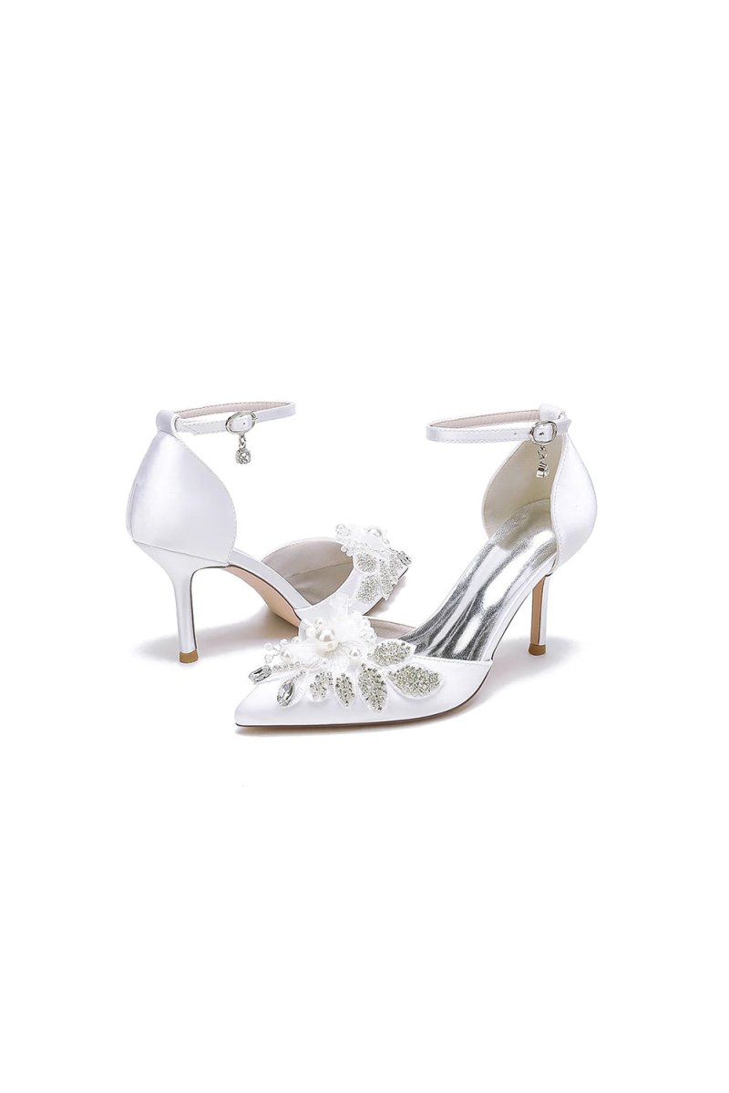 Elegant Ankle Strap White Wedding Shoes With Rhinestone Flower - KissProm