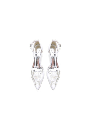 Elegant Ankle Strap White Wedding Shoes With Rhinestone Flower - KissProm