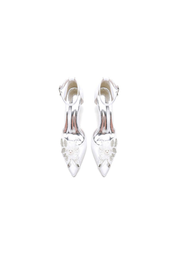 Elegant Ankle Strap White Wedding Shoes With Rhinestone Flower - KissProm